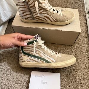 Golden Goose Slide Mid-Top Zebra Print Sneakers in Beige with Green Accent
